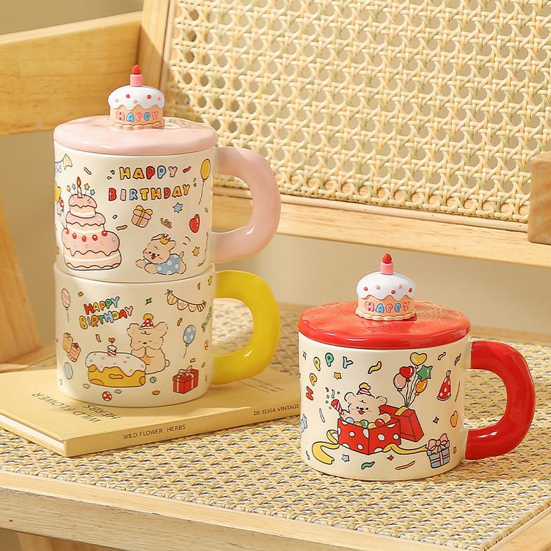Cute Birthday Puppy Mug with Lid High Value Water Cup Ceramic Cup for Girls Birthday Gift Souvenir