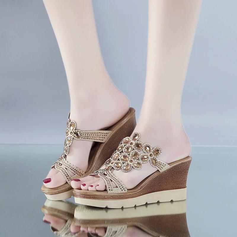 Women Summer Fashion Elegant Shoes Peep Toe Breathable Anti-slip Beach Sandals Rhinestone Slip-On Wedges Platform Sandals