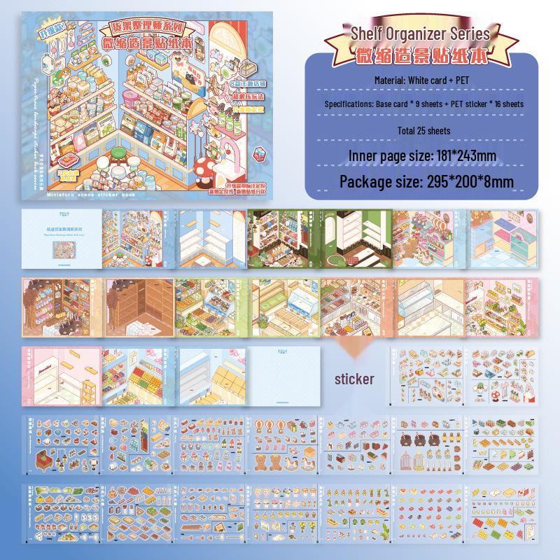Miniature Landscape Sticker Book with 3D Cottage Shelf Organizer