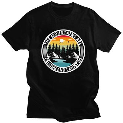Individuelles Herren T-Shirt mit Aufdruck 'Mountains Awake The Soul', Kurzarm, Baumwolle, Freizeit, Abenteuer, Camping, Lockerer Schnitt