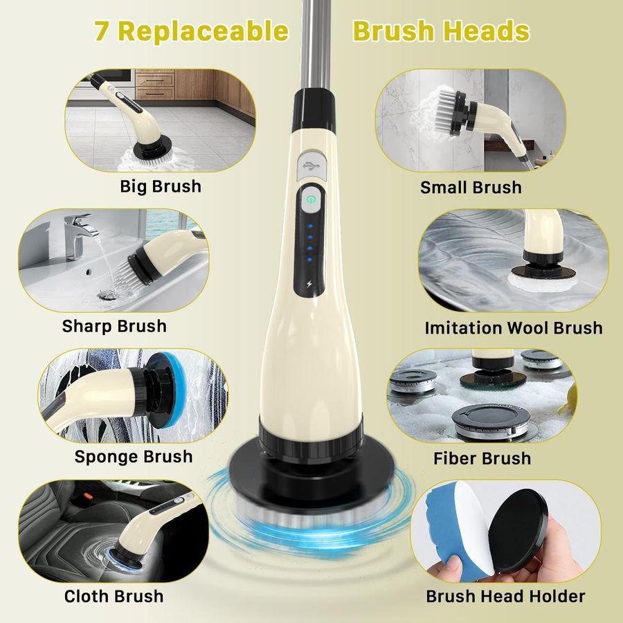Spin Scrubber, Cordless Cleaning Brush, Shower Scrubber with 7 Replaceable Brush, 2 Speeds and Adjustable Extension Handle for B