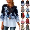 Women's V-Neck Floral Print Three-Quarter Sleeve Loose Fit T-Shirt