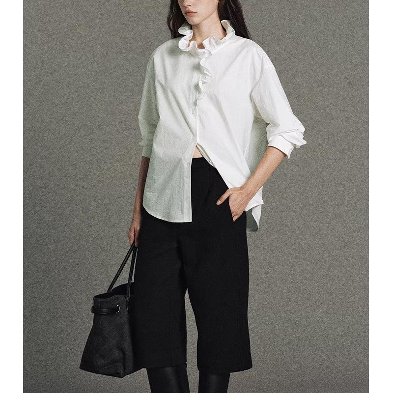 Elegant French Wood Ear Collar White Cotton Long Sleeve Women's Shirt - 2026 Early Spring Collection