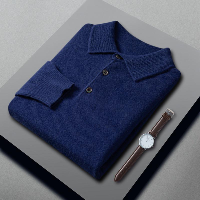 Herren Wollkaschmirpullover - Langarm Umlegekragen Polopullover für Herbst/Winter