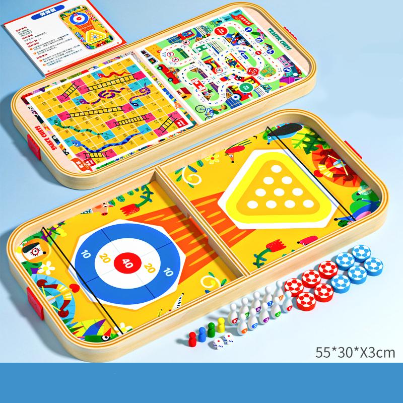 Wooden Innovation Multi In One Game Chess Bounce Chess Bowling Ice Hockey Flying Chess Family Activities Party Games Kids Adults