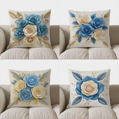 Home Decor Blue & Cream Floral Throw Pillow For Home Pattern Cushion Cover Suitable For Sofa Bedroom Car Pillow Cover
