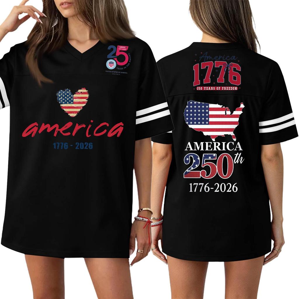 Damska Codzienna Modna Koszulka Sportowa z Dekoltem V z Nadrukiem na Dzień Niepodległości Krótkim Rękawem Top