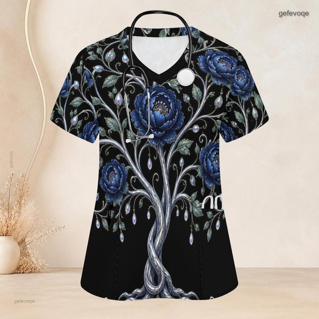 Women Plus Size Dark Green Printed Scrub Top V Neck Short Sleeve With Front Pockets
