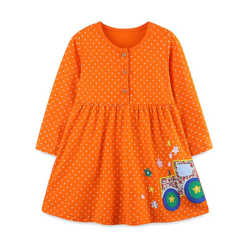 Autumn Girls Princess Dress with Car Embroidery, European & American Style, Knitted Cotton, Round Neck 6Y