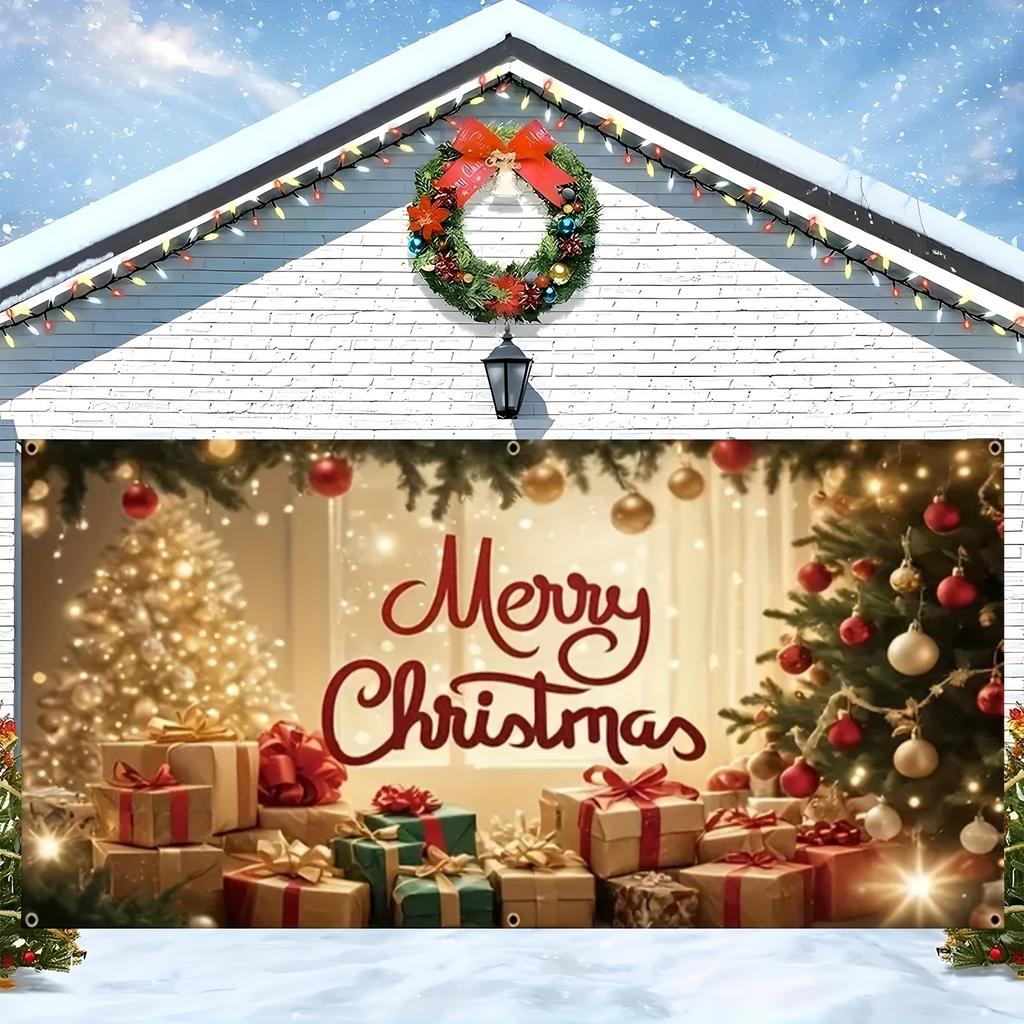 1pc oversized Christmas garage door cover Christmas background with Christmas tree gifts and lights