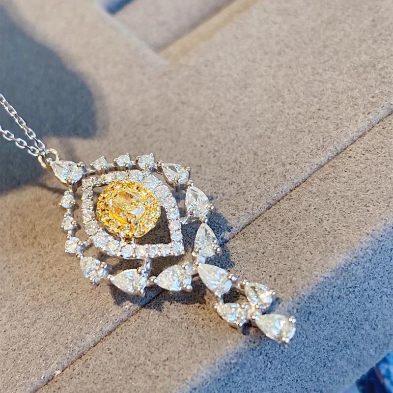 Yellow Oval & Pink Waterdrop Diamond Necklace Set - Elegant Light Luxury Design with Micro-Paved Diamonds for Women