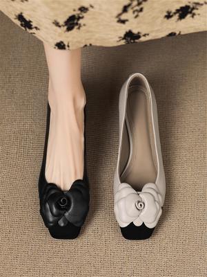 French Camellia Small Fragrant Wind Shallow Mouth Single Shoes Women's Spring and Autumn Soft Sole Versatile Commuting Not Tired Feet Thick Heel 
