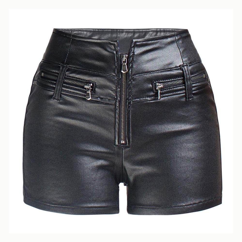 Dames Hoge Taille Skinny Shorts Slim Fit Streetwear PU Leer Shorts met Multi Ritszak Ontwerp