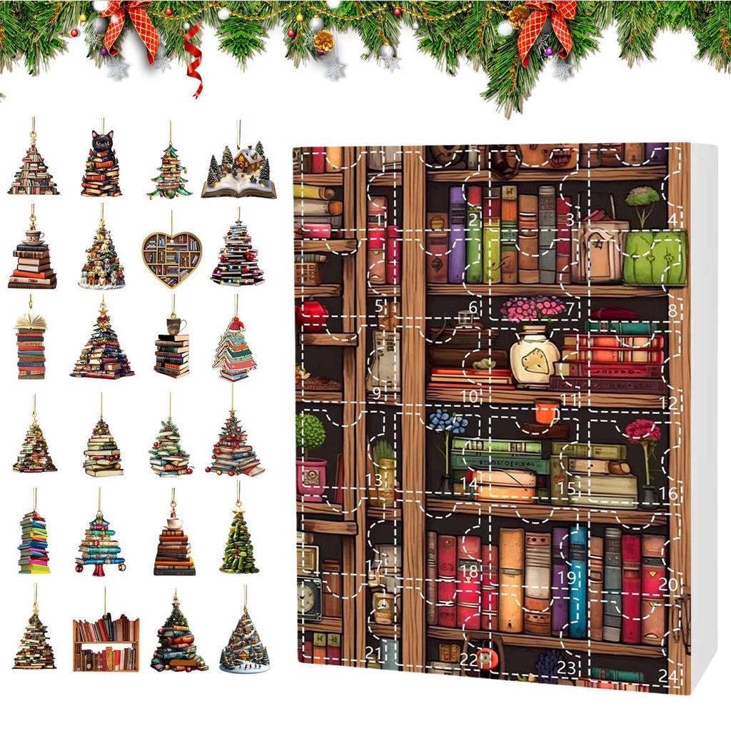 Christmas Tree Shaped Bookshelf Pendant Advent Calendar 24 Days 2D Acrylic Book Stacking Pendant Countdown Calendar Boxes
