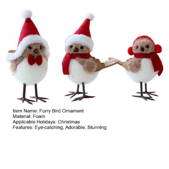 3 Stück Weihnachts-Vogelfigur Fellige Künstliche Vögel Ornamente Winter Plüsch Schaumvogel mit Schal für Feiertags-Heimküchen-Kaminsims-Schreibtisch-Weihnachtsbaum-Dekor