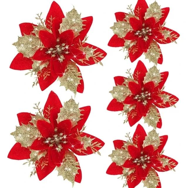 5/10Pcs 14.5cm Sparkling Christmas Decorations Glitter Artifical Flower Doors Windows Christmas Tree Decor for 2025 New Year