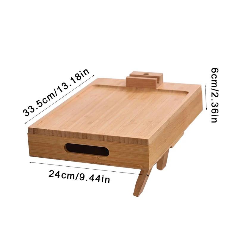 Bamboo Couch Tray, Multi-Function Folding Sofa Armrest Tray With 360°Rotating Phone&Pad Bracket, Tv Tray For Eating And Beverage