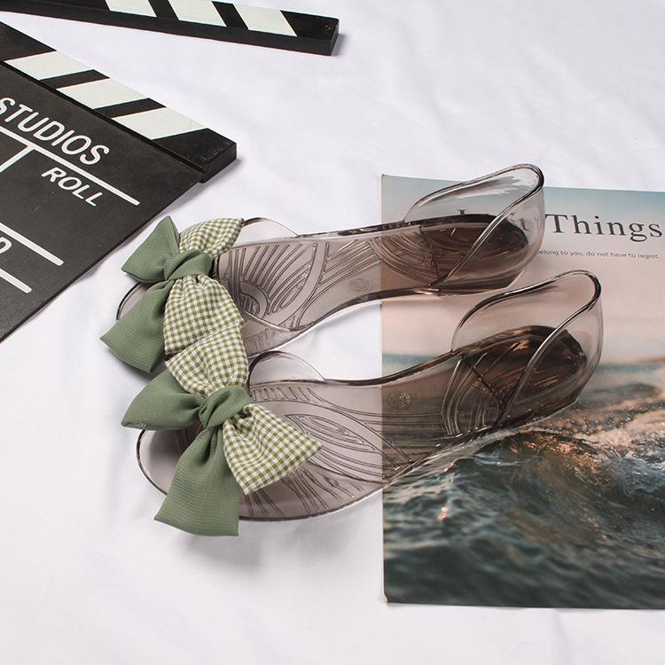 Yuzhihao Summer Plaid Bow Transparent Flat Sandals for Women 41