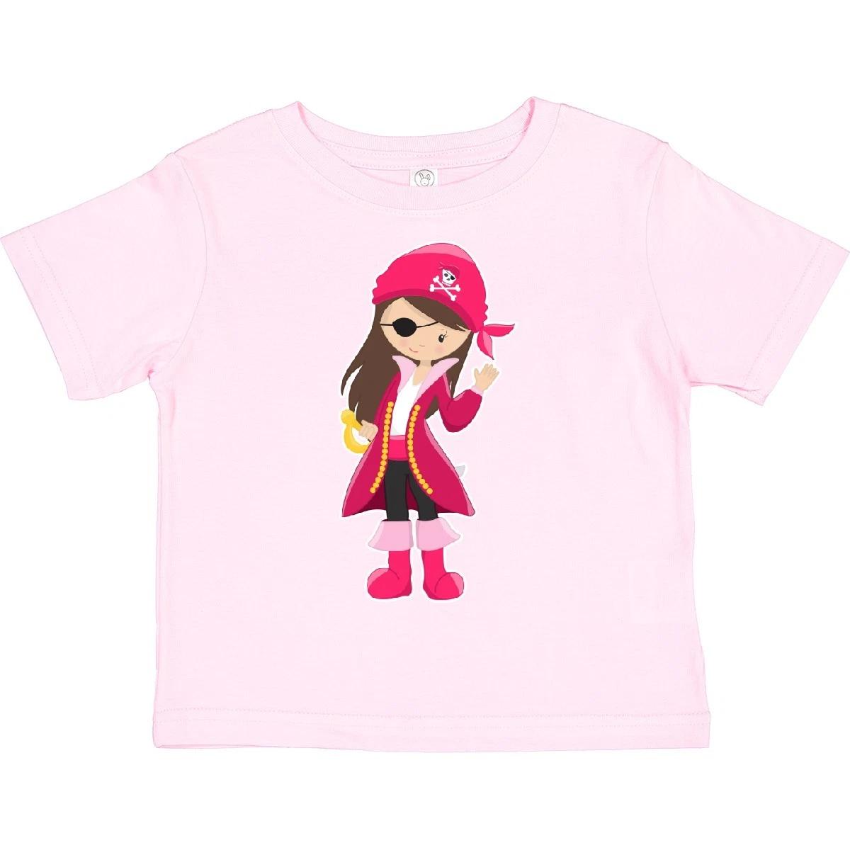 

Inktastic Pirate Captain Toddler kids boys T-Shirt Pirates Brunette Eye Patch Bandana Pink 100