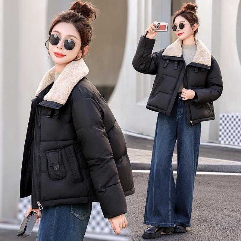 Women's new plush lapel short cold lightweight thickened padded fluffy warm loose high-quality fabric casual sports cotton clothing