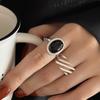 925 Sterling Silver Geometric Black Stone Rings For Women Men Simple Korean Fashion Open Adjustable Handmade Ring Couple Gifts