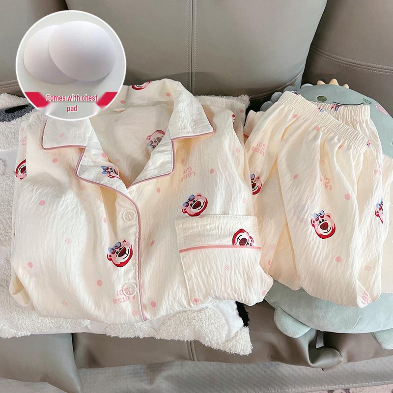 Damen Cartoon Pyjama-Set aus Wolkenbaumwolle mit Brustpolster - Langarm-Cardigan und Revers für Frühling und Herbst