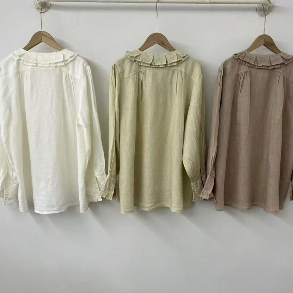 1116 Autumn New Women's Linen Lotus Leaf Collar Top Cardigan ins Shirt Shirt Long Sleeve