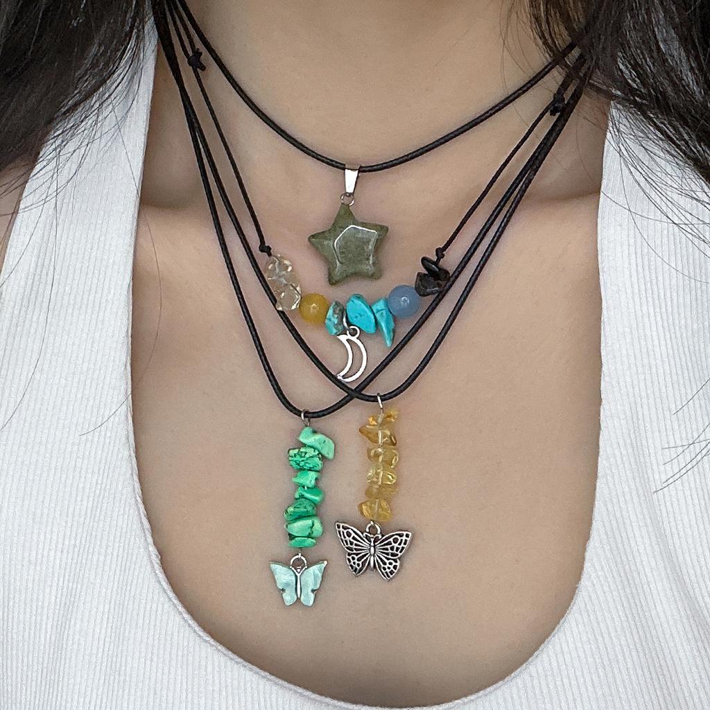 Retro Ethnic Wind Star And Moon Pendant Necklace Female, Simple Irregular Gravel Butterfly Necklace