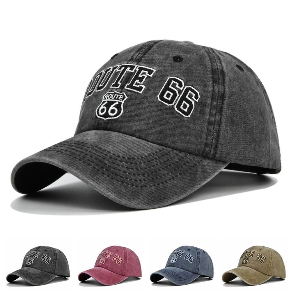 Route 66 Vintage Embroidered Baseball Cap Washed Denim Duckbill Cowboy Hat Sun Hat