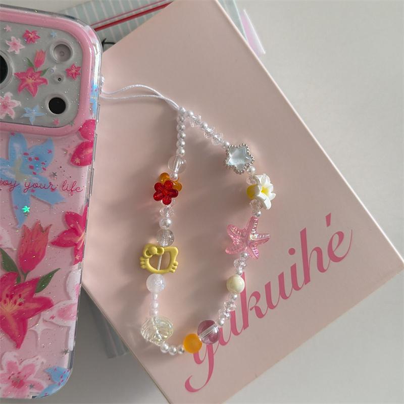 Kawaii Pink Blue Lily Floral Glitter Phone Case With Colorful Beaded Wrist Strap For iPhone 14 15 16 17 Pro Max INS Sweet Style