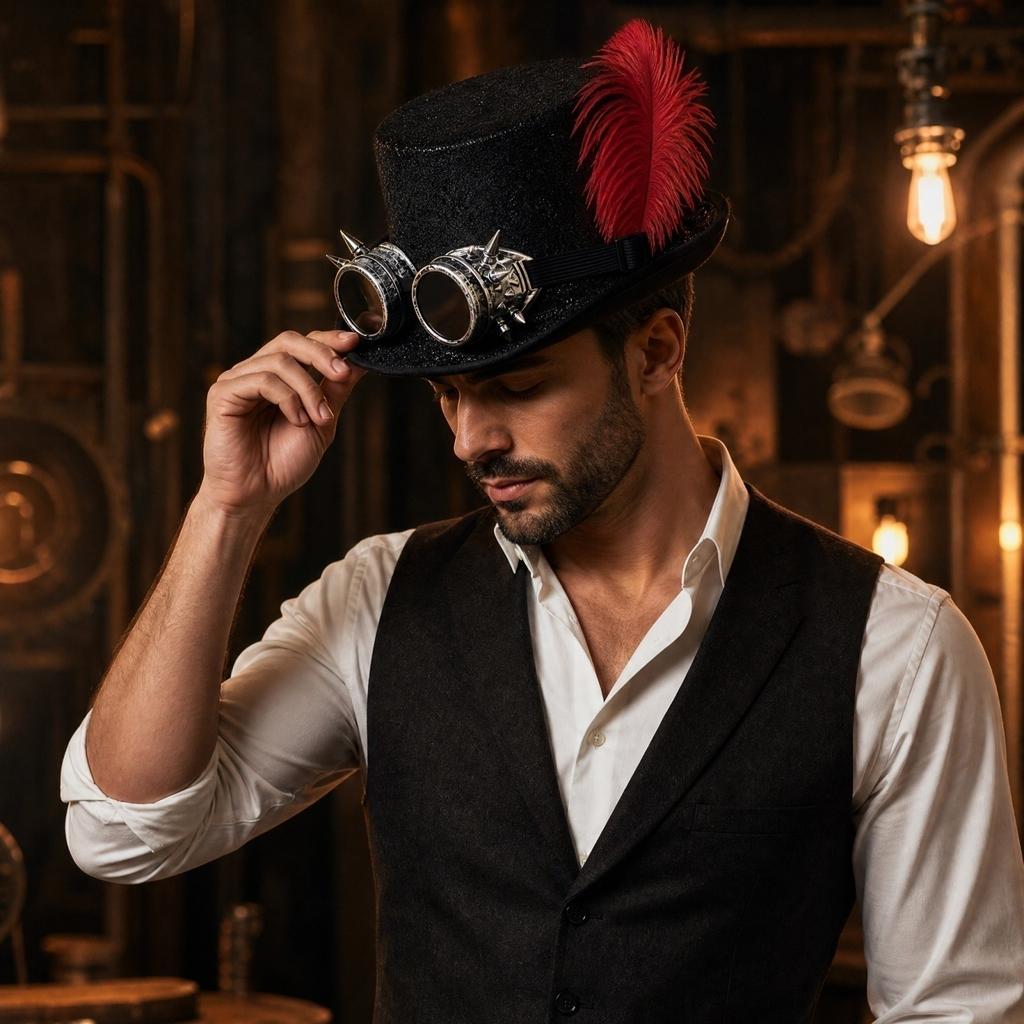 Adult Black Top Hat with and Red Feather Decoration for Costume