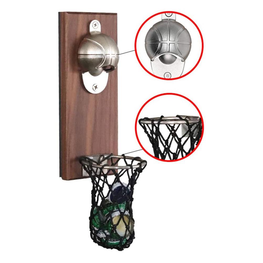Wall Mounted Bottle Opener with Magnetic Lid Beer Bottle Opener Basketball Wood Pocket Net Fridge Magnet Decor