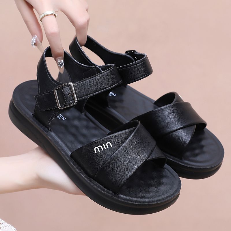 Genuine Leather 2025 New Summer Flat Bottom Women Middle-aged and Elderly Grandma Old People Non-slip Soft Sole Comfortable Women's Mother Sandals