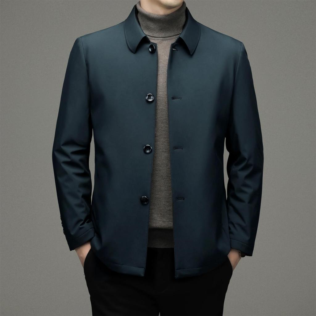 Collared Down Business Single Suitable for Senior [FJSSLHXK] Men's Jacket, Outerwear, Fold-Over Collar, Button, Men, Commuting, Autumn/Winter, Green,