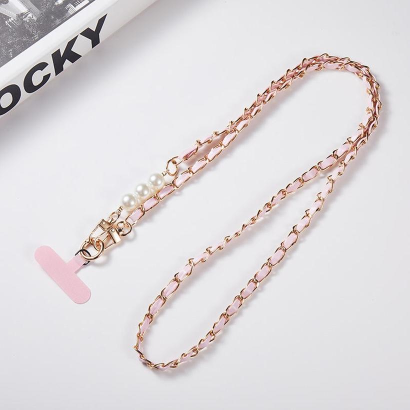Trendy Universal Pearl Metal Cell Phone Chain Charms Women Detachable Phone Lanyards Crossbody Neck Strap with Patch