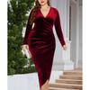 Plus Size Velvet Long Sleeve Wrap Dress With Ruched Detail Deep V Neck Cocktail Women Fall 2025