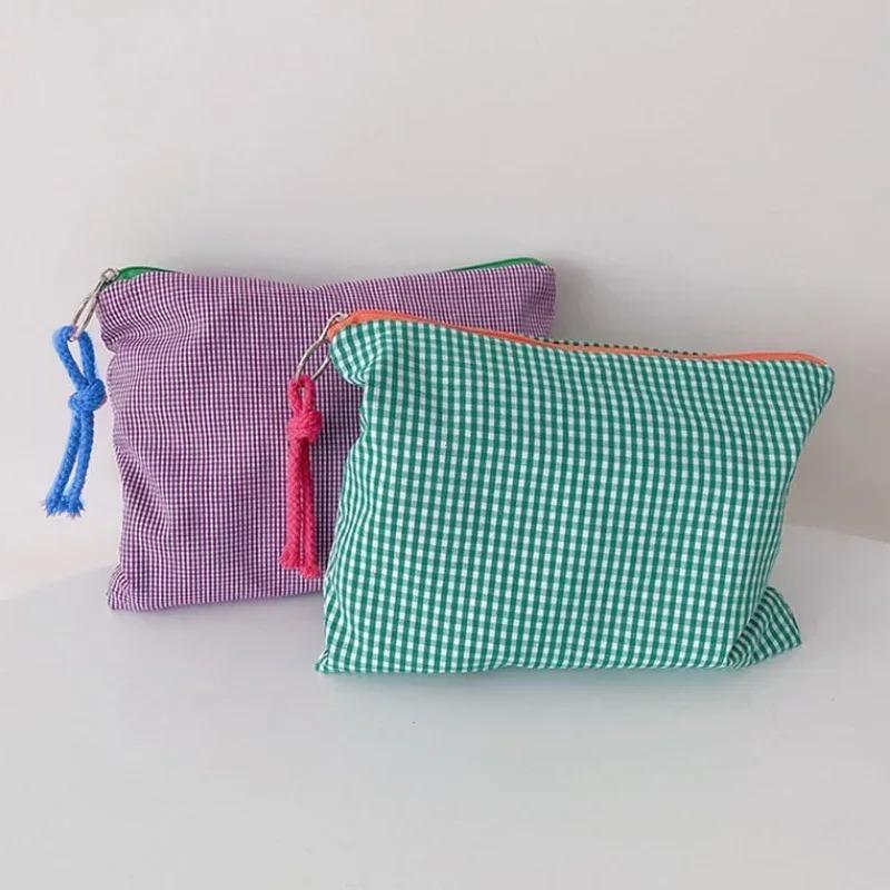 Women Plaid Makeup Bag New Large Capacity Cotton Zipper Pouch Purse Travel Clutch Makeup Bag Cosmetic Zipper Necessarie Feminina