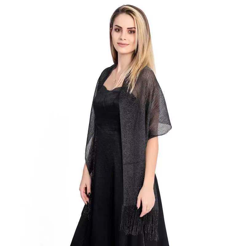 Damen Abend-Schal mit Gold- und Silberfäden und Quasten, Umhang-Design, Leicht mit Trägern, Ausgeschnittenes Bolero-Style.