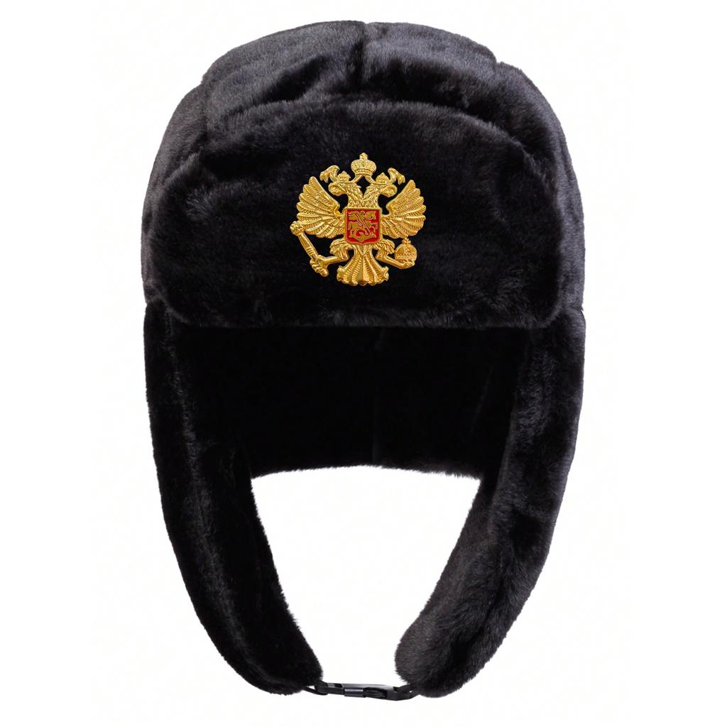 Plush Lei Feng Hat Double Headed Eagle Emblem Decoration Bomber Hats Outdoor Warm Pilot Cap Winter Caps