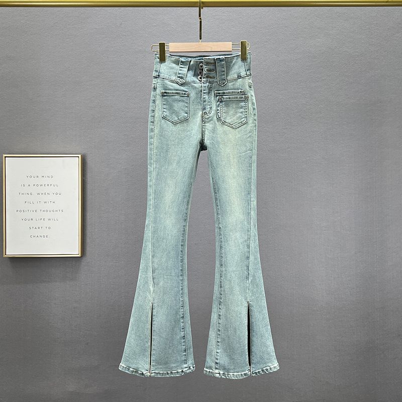 

Split Stretch High Waist Silm Slim Looking European Goods Bell-Bottom Pants Blue S