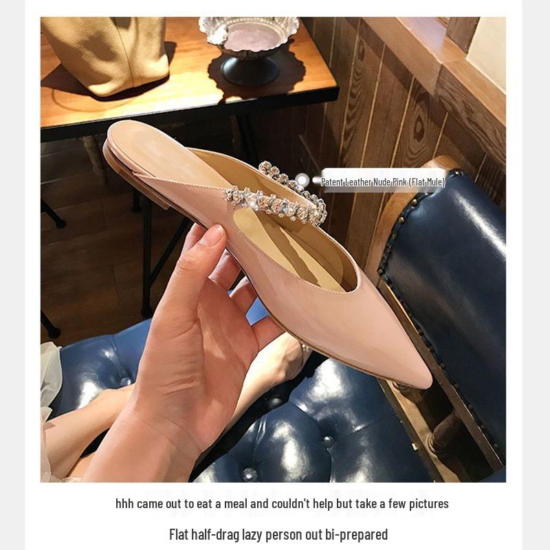 Spring 2025 Fairy Style Rhinestone Chain Mary Jane Flats - Patent Leather, Pointed Toe, Korean Soft Sole