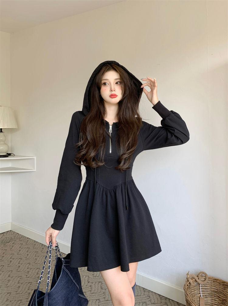 Large Size Black Hooded Casual Sweater Dress Women's Autumn and Winter Fat Mm Advanced Feeling Waist and Thin A-shaped Short Skirt