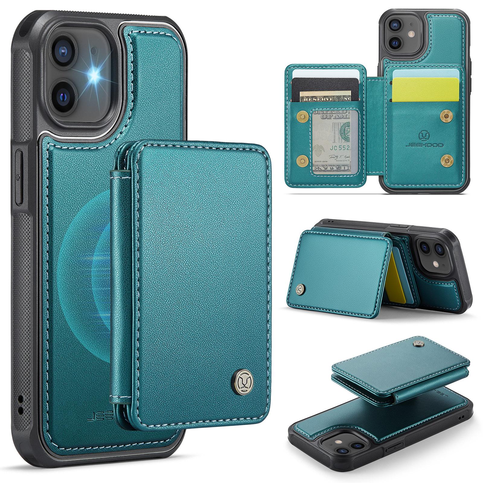 

For iPhone 12/12 Pro Case Leather Mobile Cover with Detachable Magnetic Card Bag Cyan