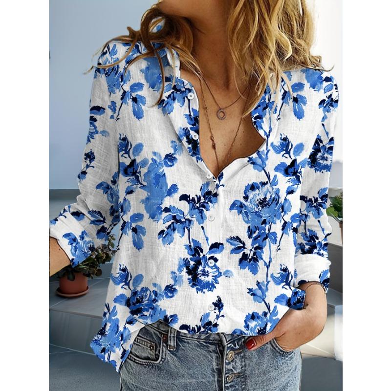 Fashion Flowers Butterflies Pattern 3D Print Women's Long Sleeve Shirt Simple Lapel Tops Autumn Casual Commuter Women Clothing