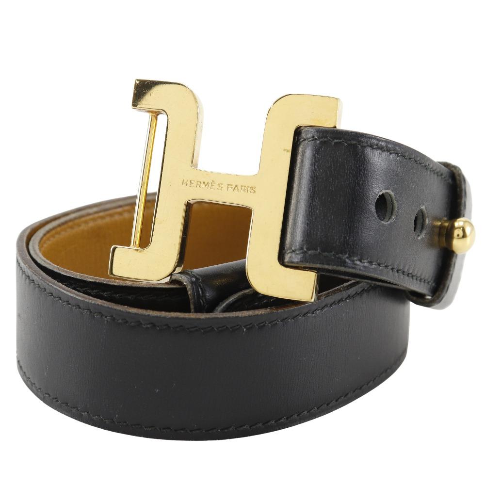 Hermes H Belt Belt Vintage Black Calfskin/Plated Gold Women Used