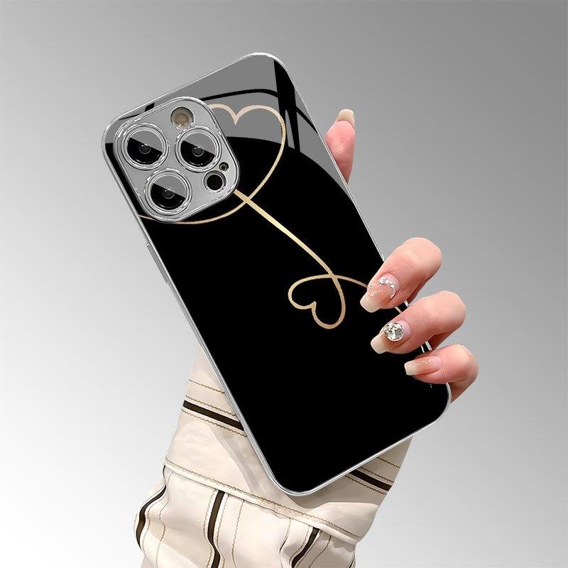 Love Heart Pattern Electroplated Glass Phone Case Suitable for iPhone 17 16 15 14 13 12 11 Pro Max Plus Shockproof Back Cover