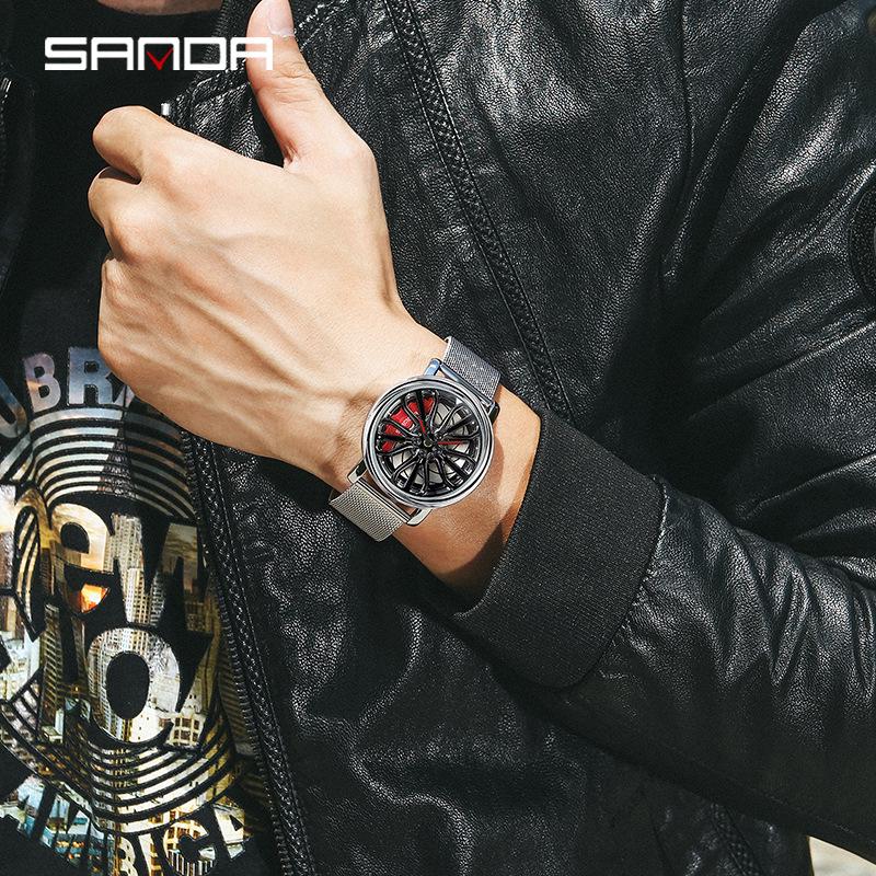 Sanda 1057 Men's Quartz Watch: Hollow Design with Mesh Strap