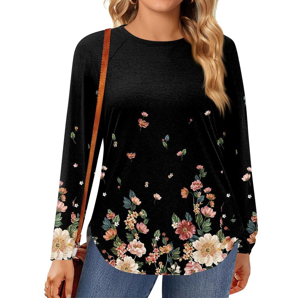 Womens Plus Size Tops Long Sleeve Shirts Round Neck Flowy Tunic Casual Loose Blouse L-5X
