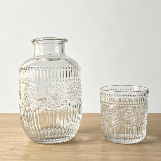 Wasserkaraffe und Glas Set Vintage Nacht Trinkbecher Set Klares Nachttischglas Saftkrug für Wasser Tee Saft