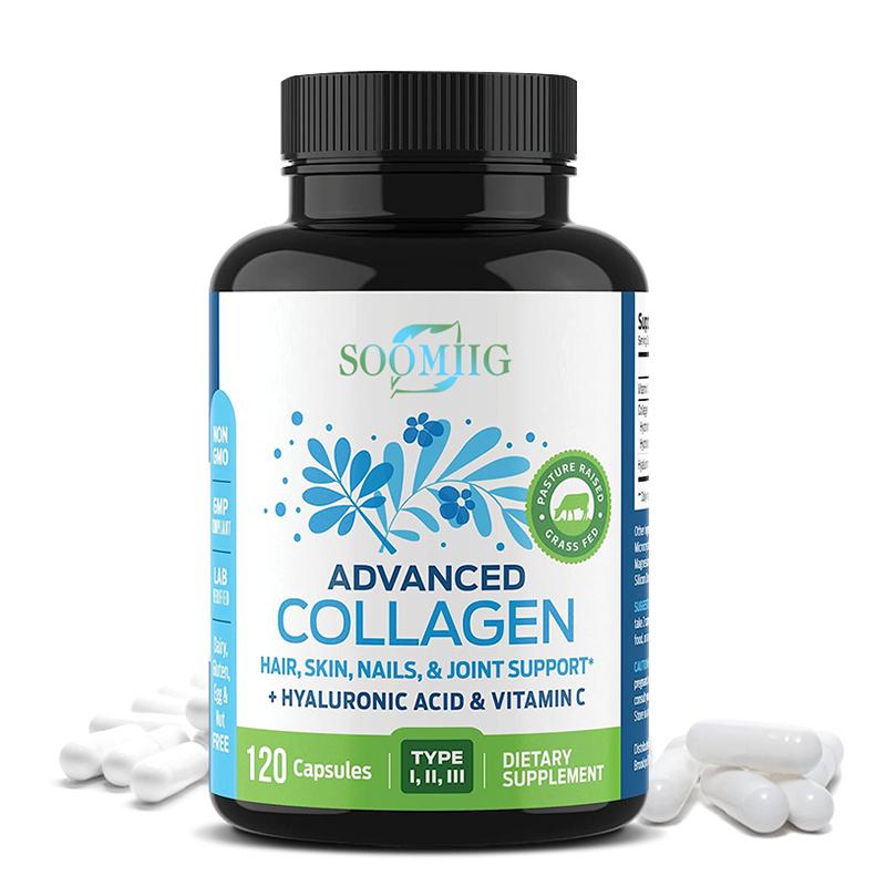 Advanced Collagen Type I II III with Hyaluronic Acid & Vitamin C, 120 Dietary Supplement Capsules 120PCS